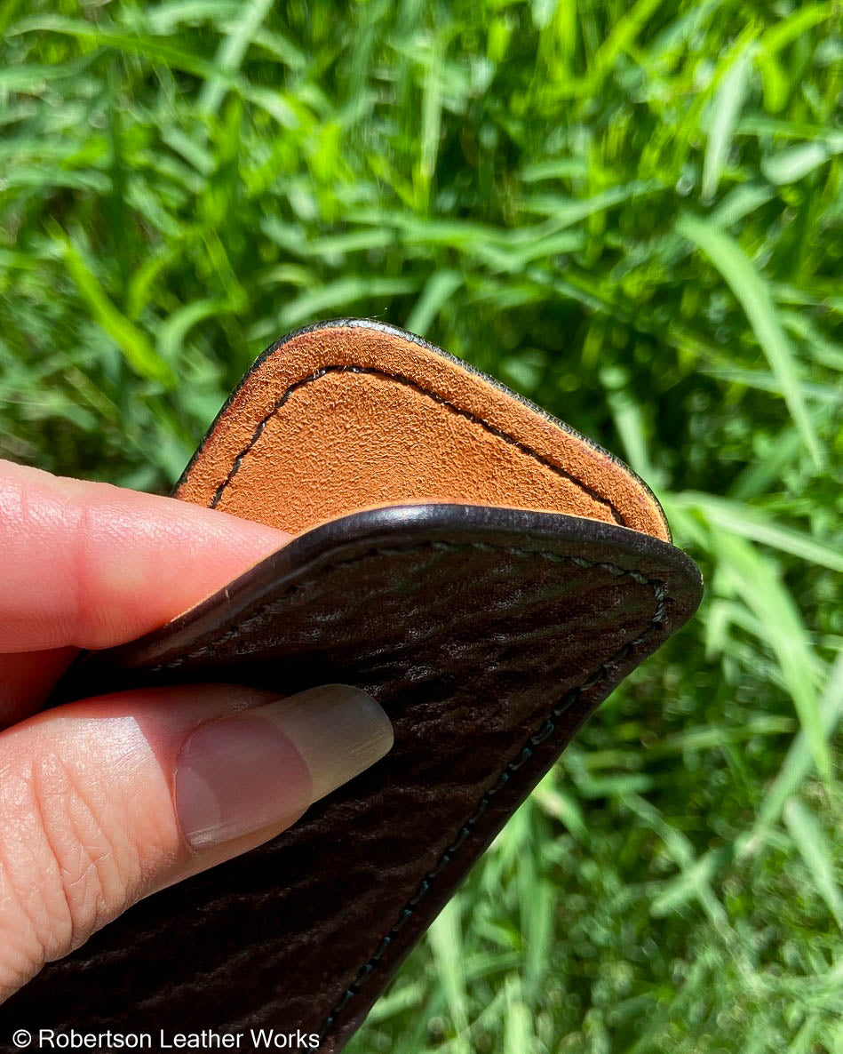 Small Red-Brown Shark Leather Knife Slip, Forest Stitching