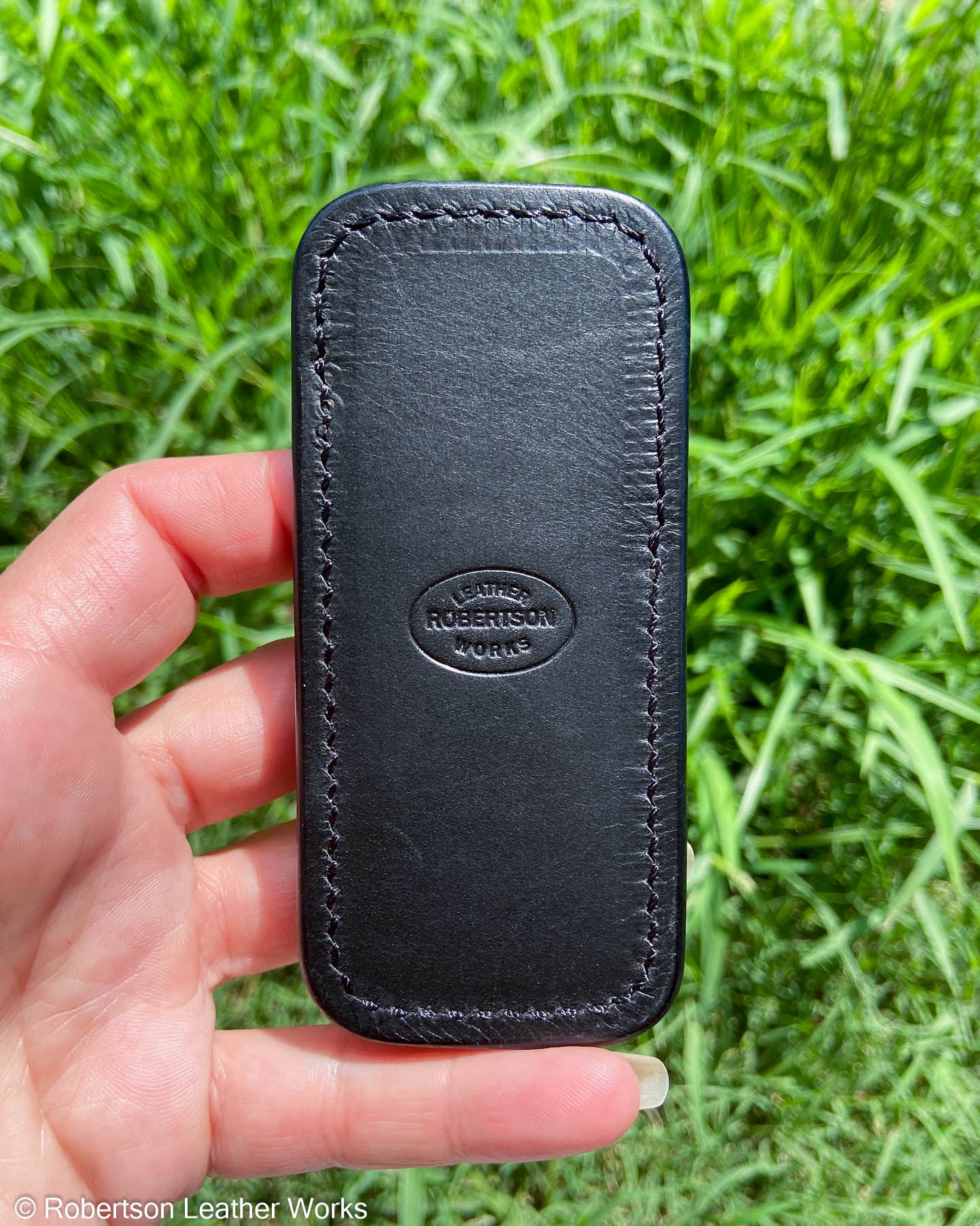 Small Cognac Safari Giraffe Leather Knife Slip, Black Stitching