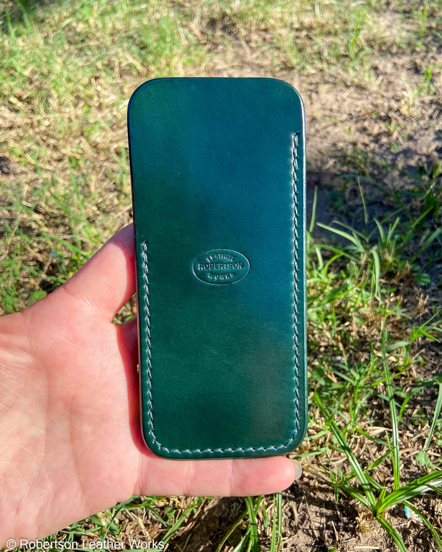 Large Green Shell Leather Knife Slip, Emerald Stitching