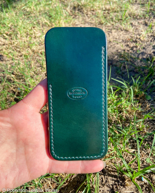 Large Green Shell Leather Knife Slip, Emerald Stitching