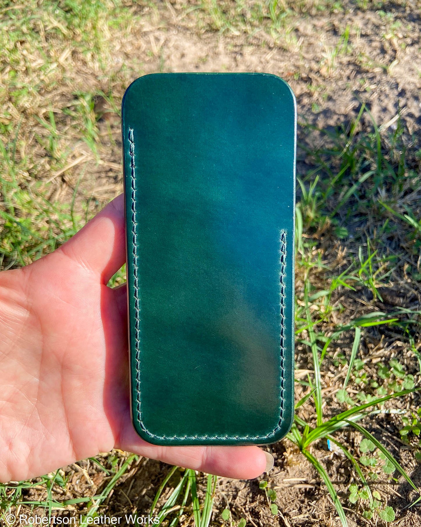 Large Green Shell Leather Knife Slip, Emerald Stitching