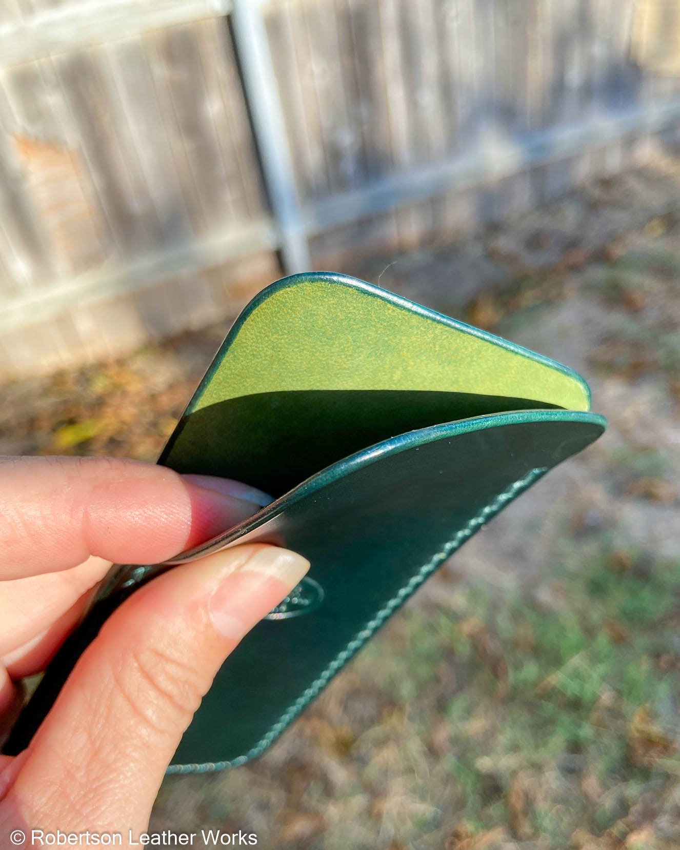 Large Green Shell Leather Knife Slip, Emerald Stitching