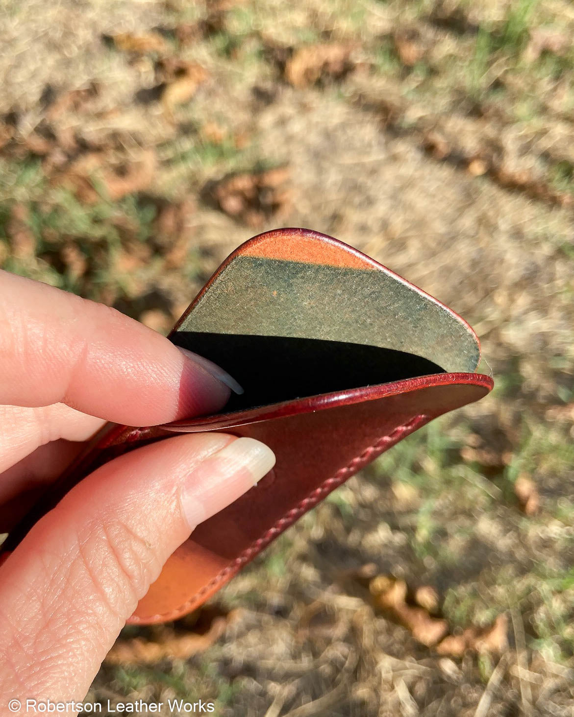 Small Marbled Bourbon Shell Leather Knife Slip, Burgundy Stitching