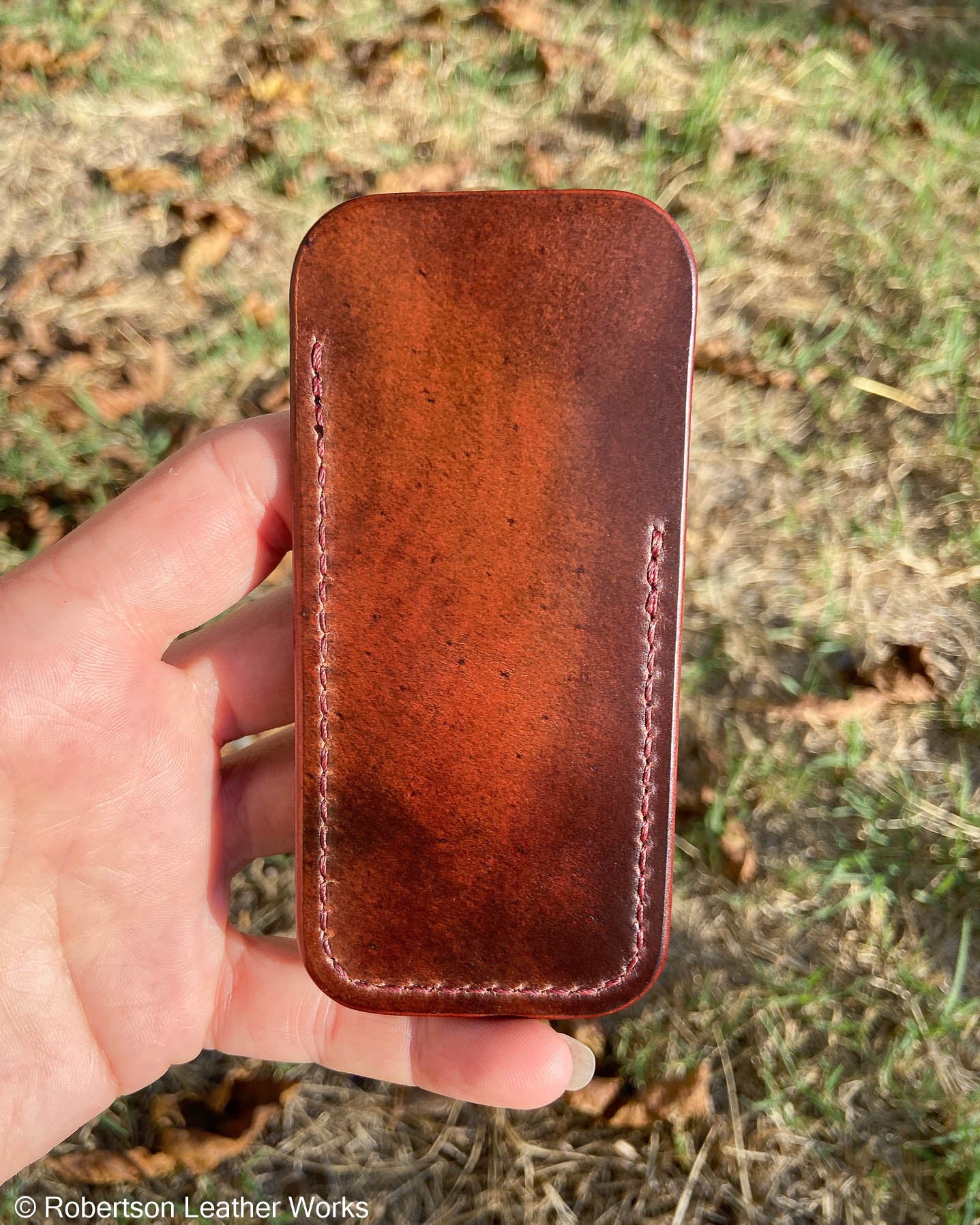 Schmedium Marbled Bourbon Shell Leather Knife Slip, Burgundy Stitching