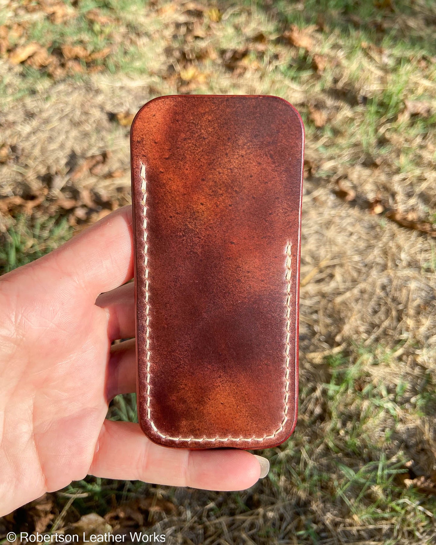 Schmedium Marbled Bourbon Shell Leather Knife Slip, Cream Stitching