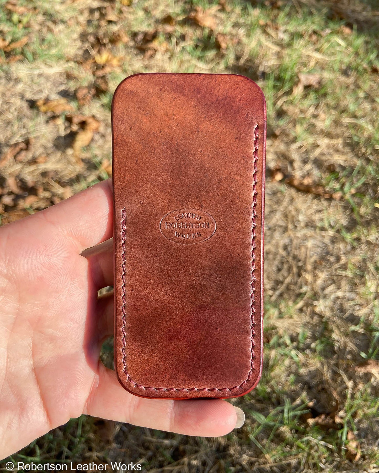 Medium Marbled Bourbon Shell Leather Knife Slip, Burgundy Stitching