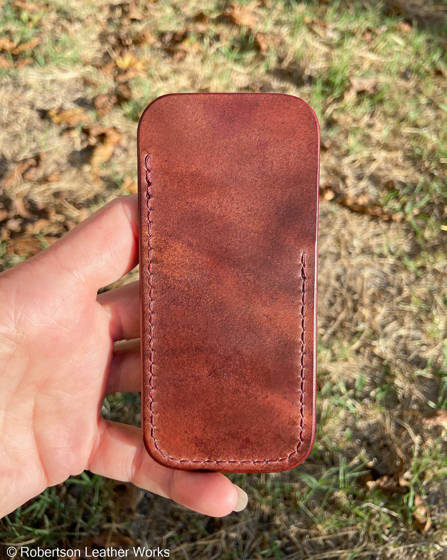 Medium Marbled Bourbon Shell Leather Knife Slip, Burgundy Stitching