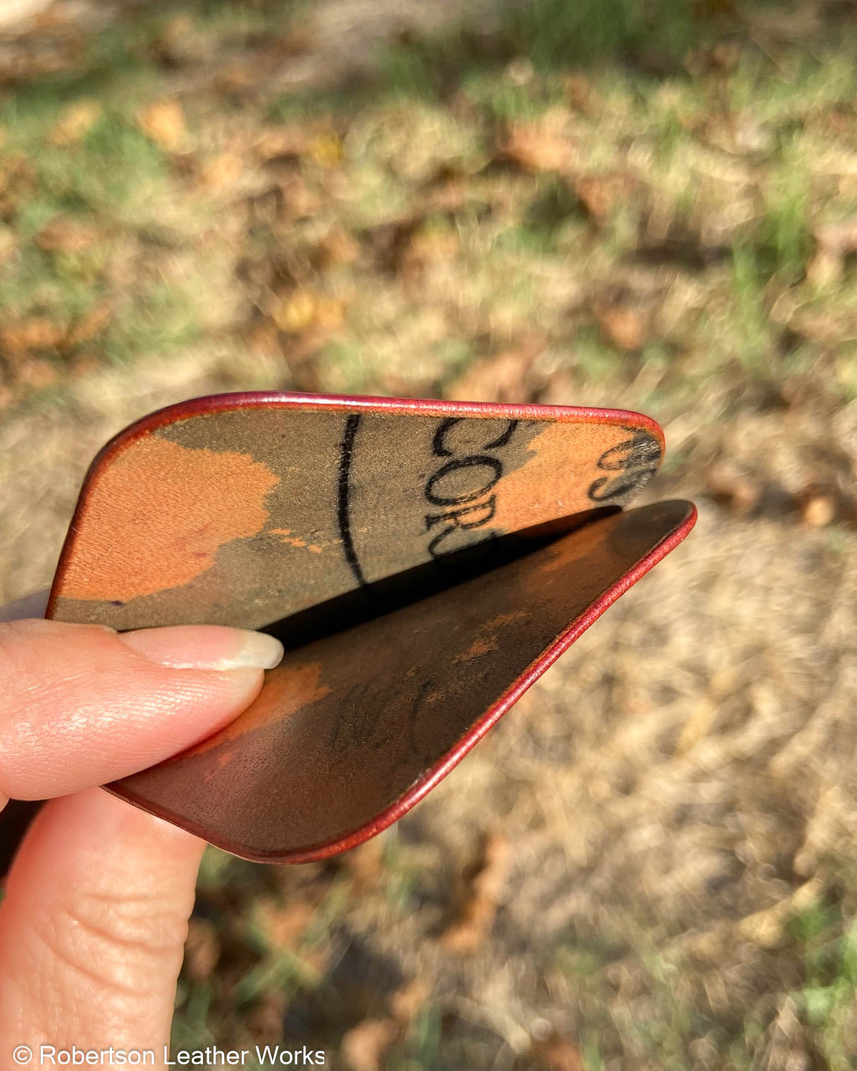 Medium Marbled Bourbon Shell Leather Knife Slip, Burgundy Stitching
