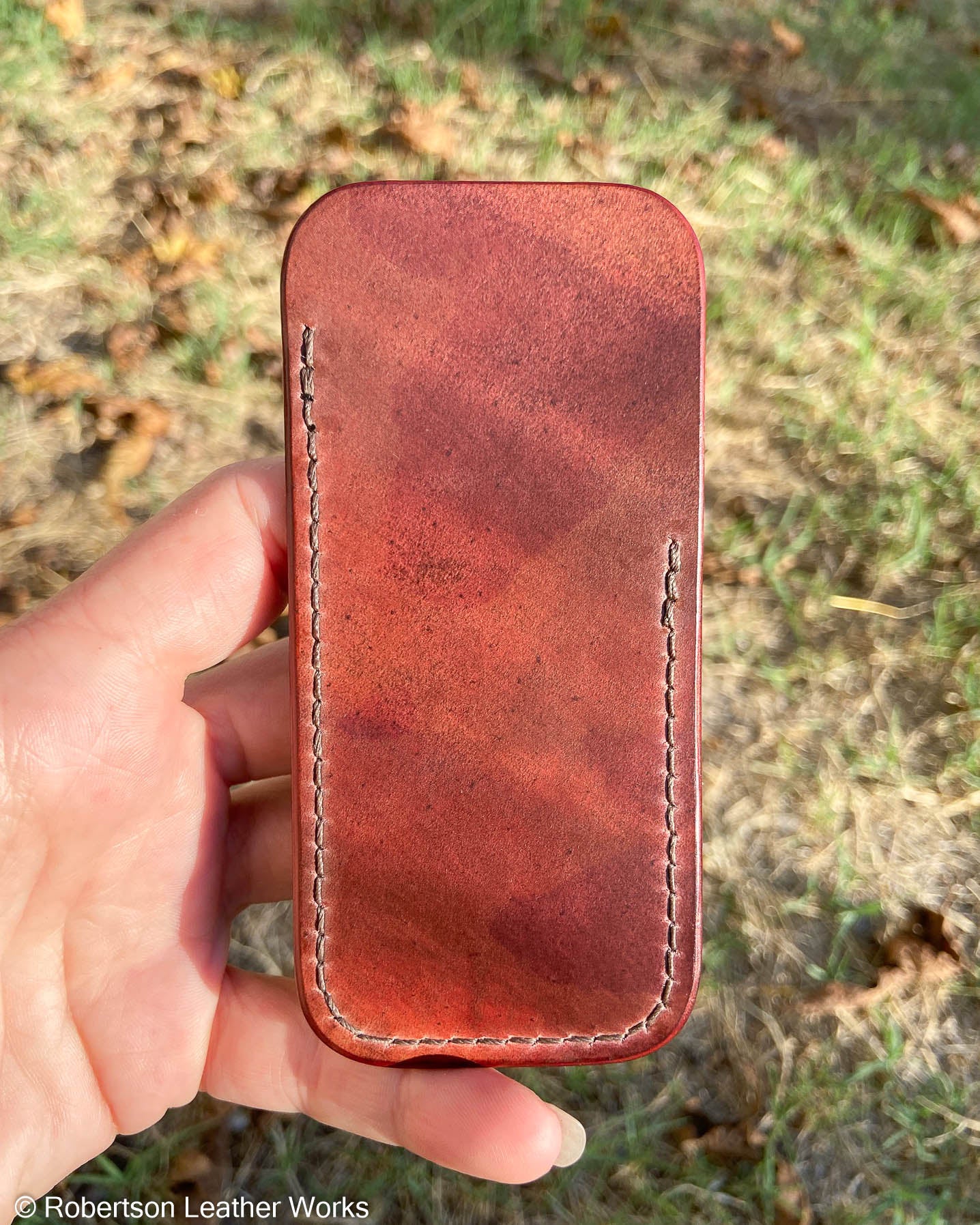 Medium Marbled Bourbon Shell Leather Knife Slip, Brown Stitching