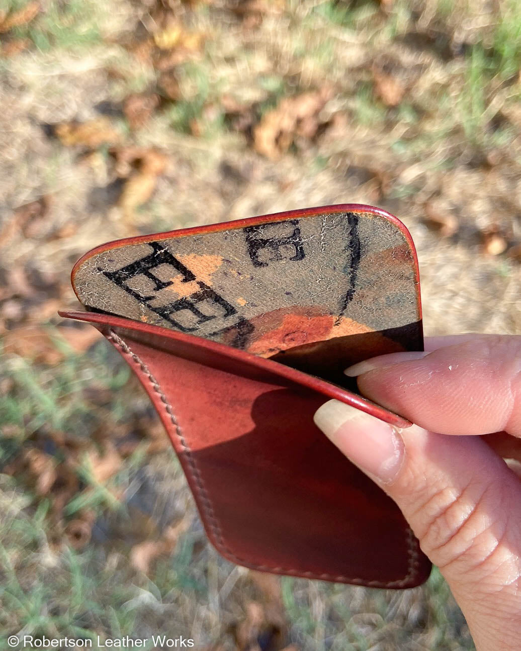 Medium Marbled Bourbon Shell Leather Knife Slip, Brown Stitching
