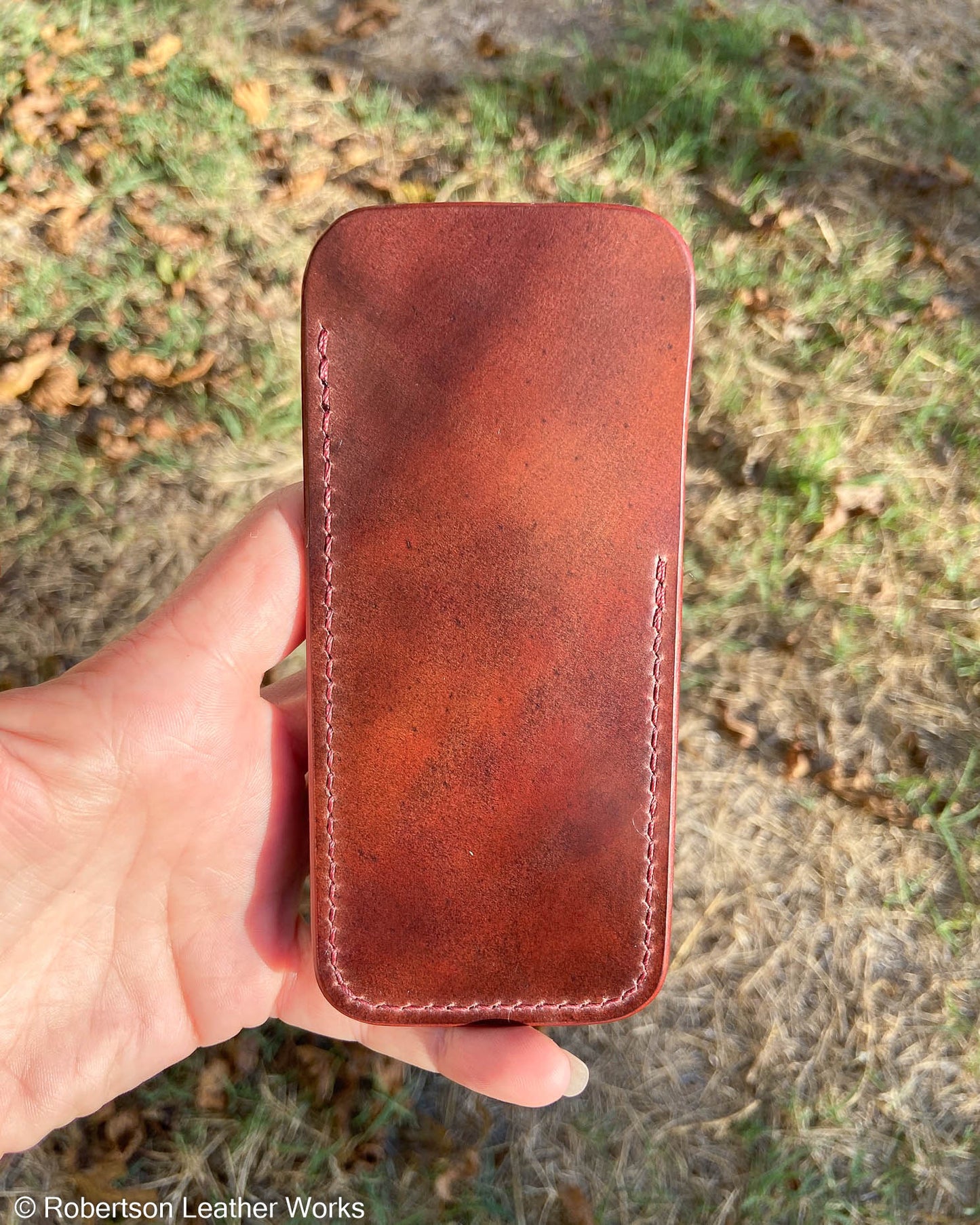 Large Marbled Bourbon Shell Leather Knife Slip, Burgundy Stitching