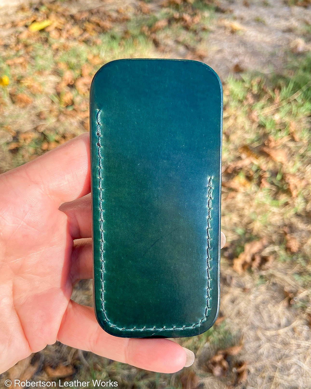 Small Green Shell Leather Knife Slip, Emerald Stitching