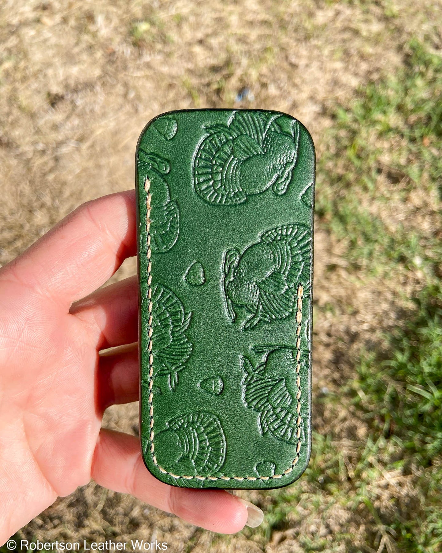 Small Green Fall/Holiday Stamped Leather Knife Slip, Cream Stitching