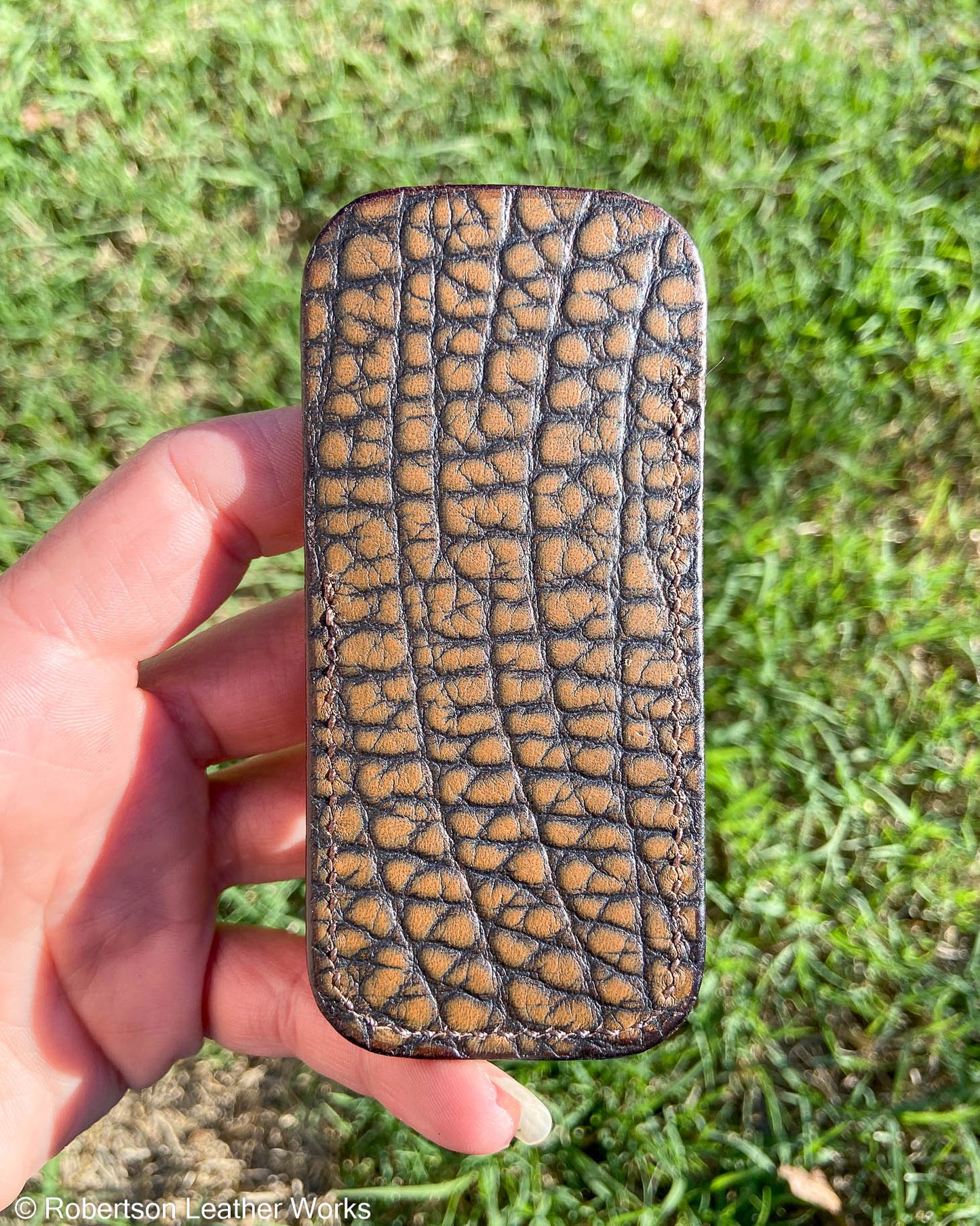 Small Light Brown Embossed Leather Knife Slip, Brown Stitching