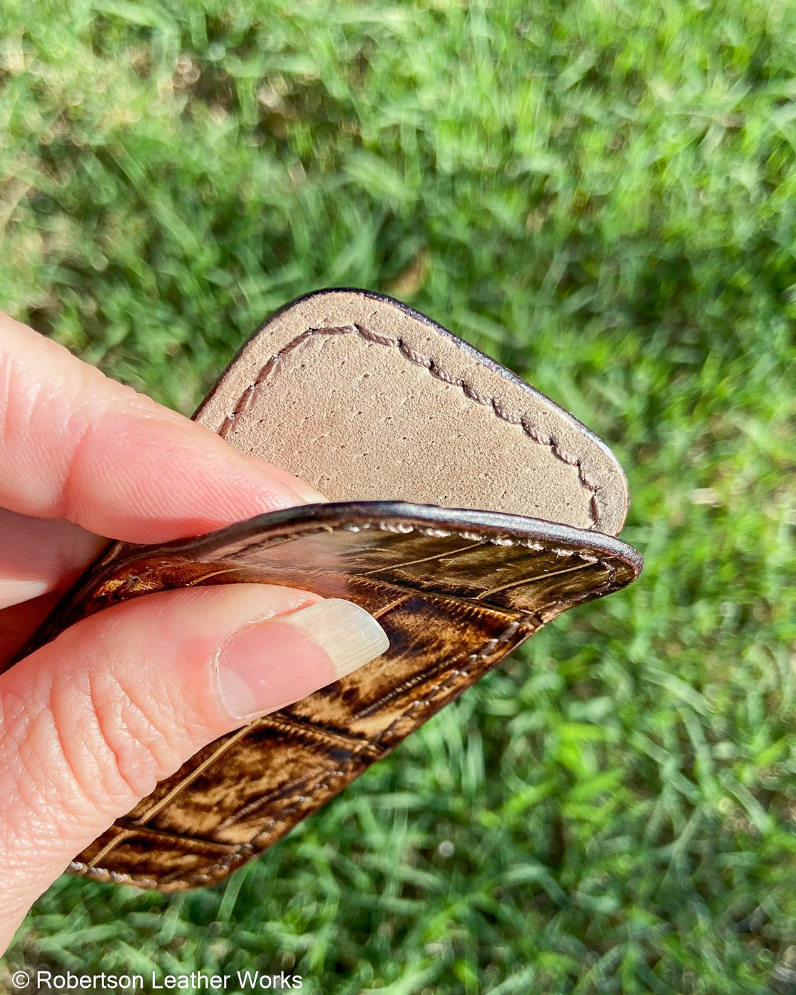 Small H.D. Brown-Tan Caiman Tail Leather Knife Slip, Brown Stitching