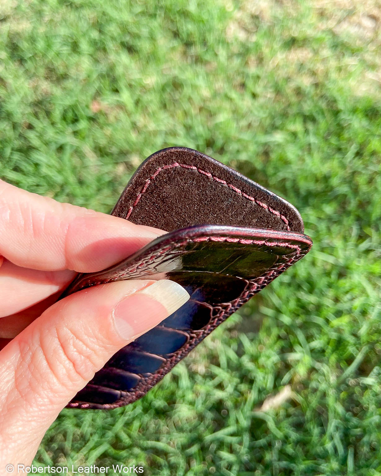 Small Bordeaux Ostrich Leg Leather Knife Slip, Burgundy Stitching