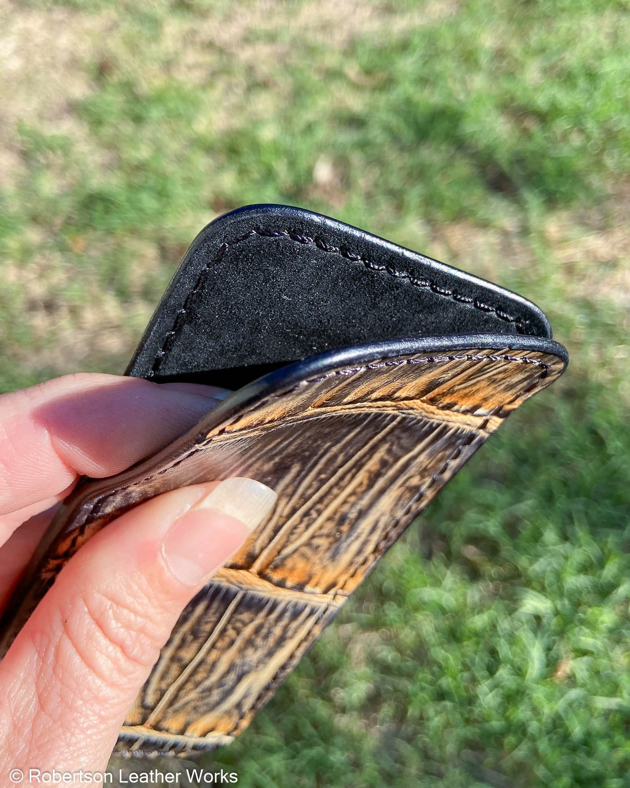 Large H.D. Gray-Tan Caiman Tail Leather Knife Slip, Black Stitching