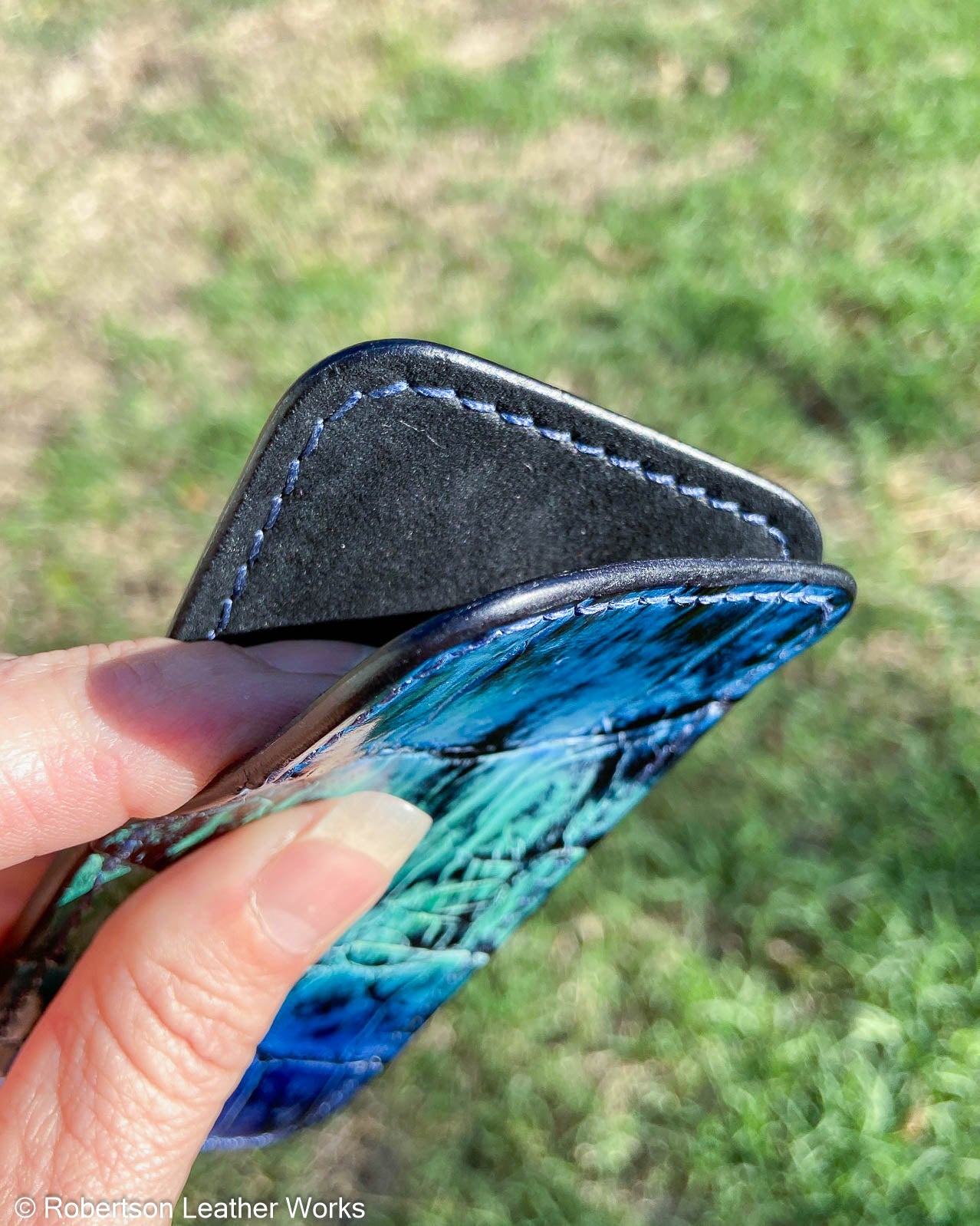 Large H.D. Blue Caiman Tail Leather Knife Slip, Navy Stitching