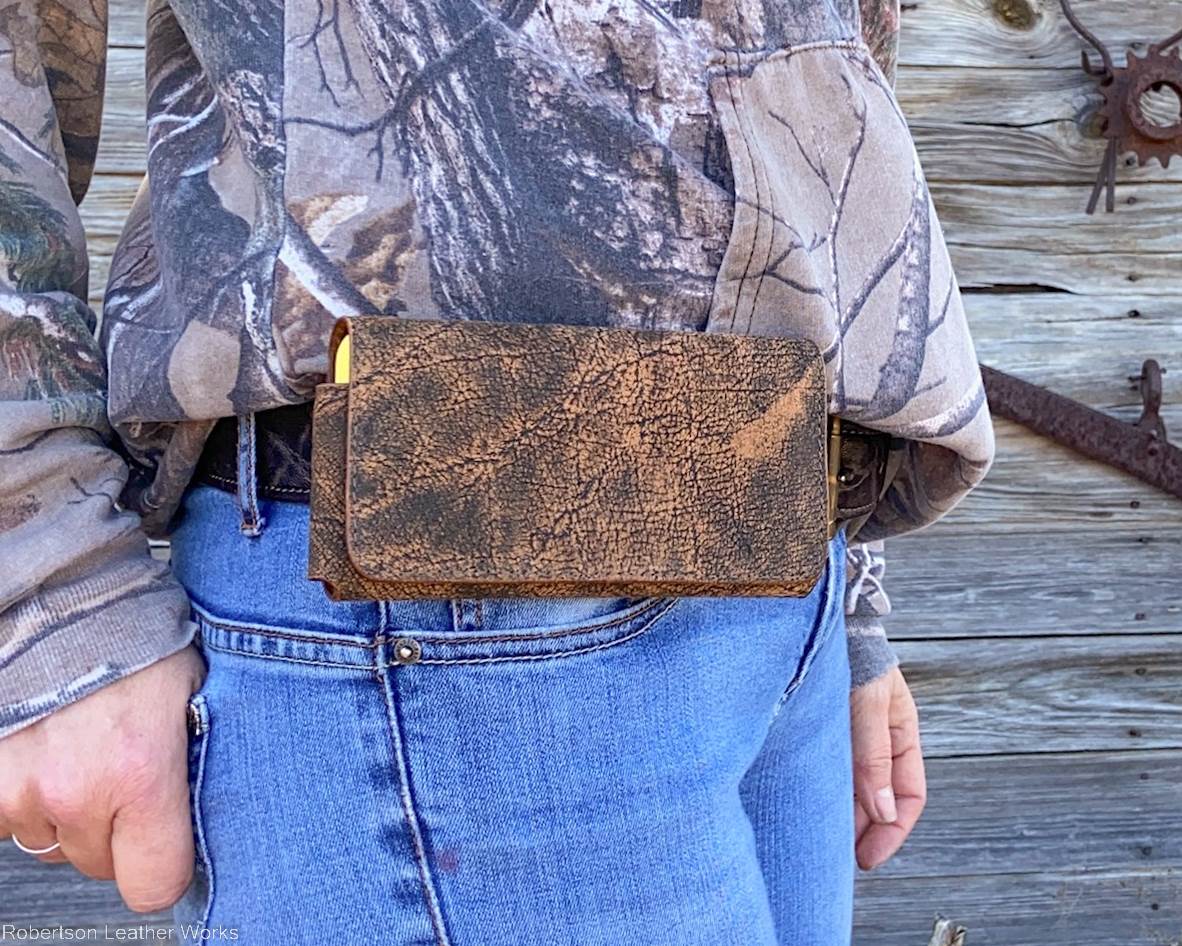 Horizontal Belt-Carry Phone Case in Safari Tan Cape Buffalo