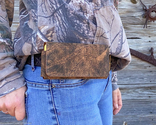 Horizontal Belt-Carry Phone Case in Safari Tan Cape Buffalo