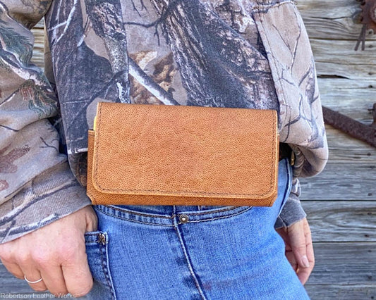 Horizontal Belt-Carry Phone Case in Cognac Elephant Ear