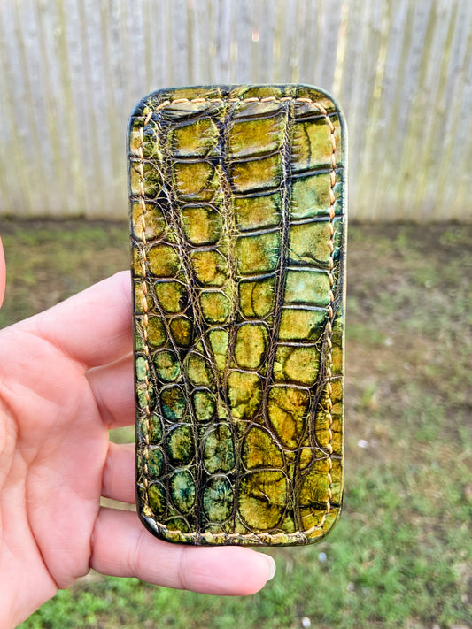 Medium H.D. Green-Gold Alligator Leather Knife Slip, Goldenrod Stitching