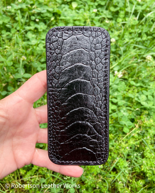 Large Black Cherry Ostrich Leg Leather Knife Slip, Black Stitching