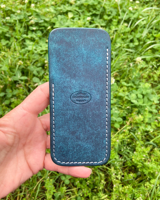 Large Blue Pueblo Leather Knife Slip, Silver Stitching