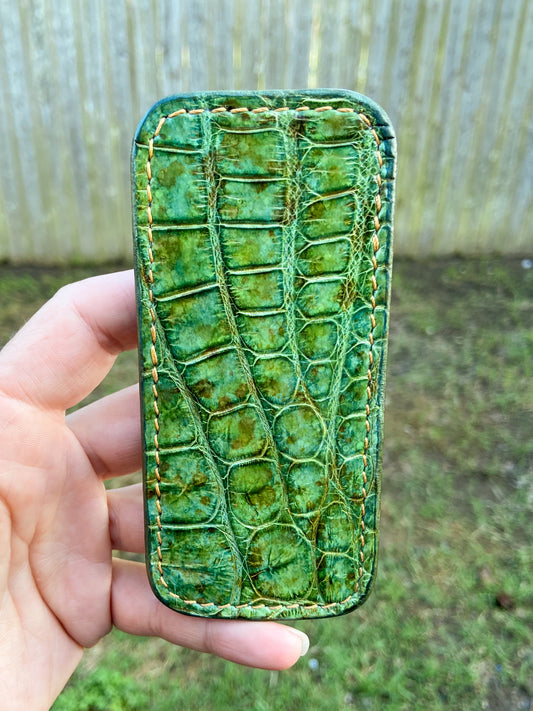 Medium H.D. Green Alligator Leather Knife Slip, Goldenrod Stitching