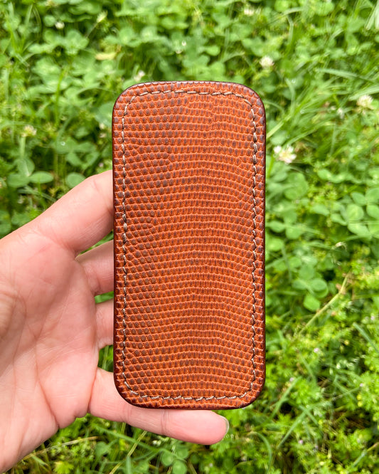 Medium Rust Lizard Leather Knife Slip, Brown Stitching