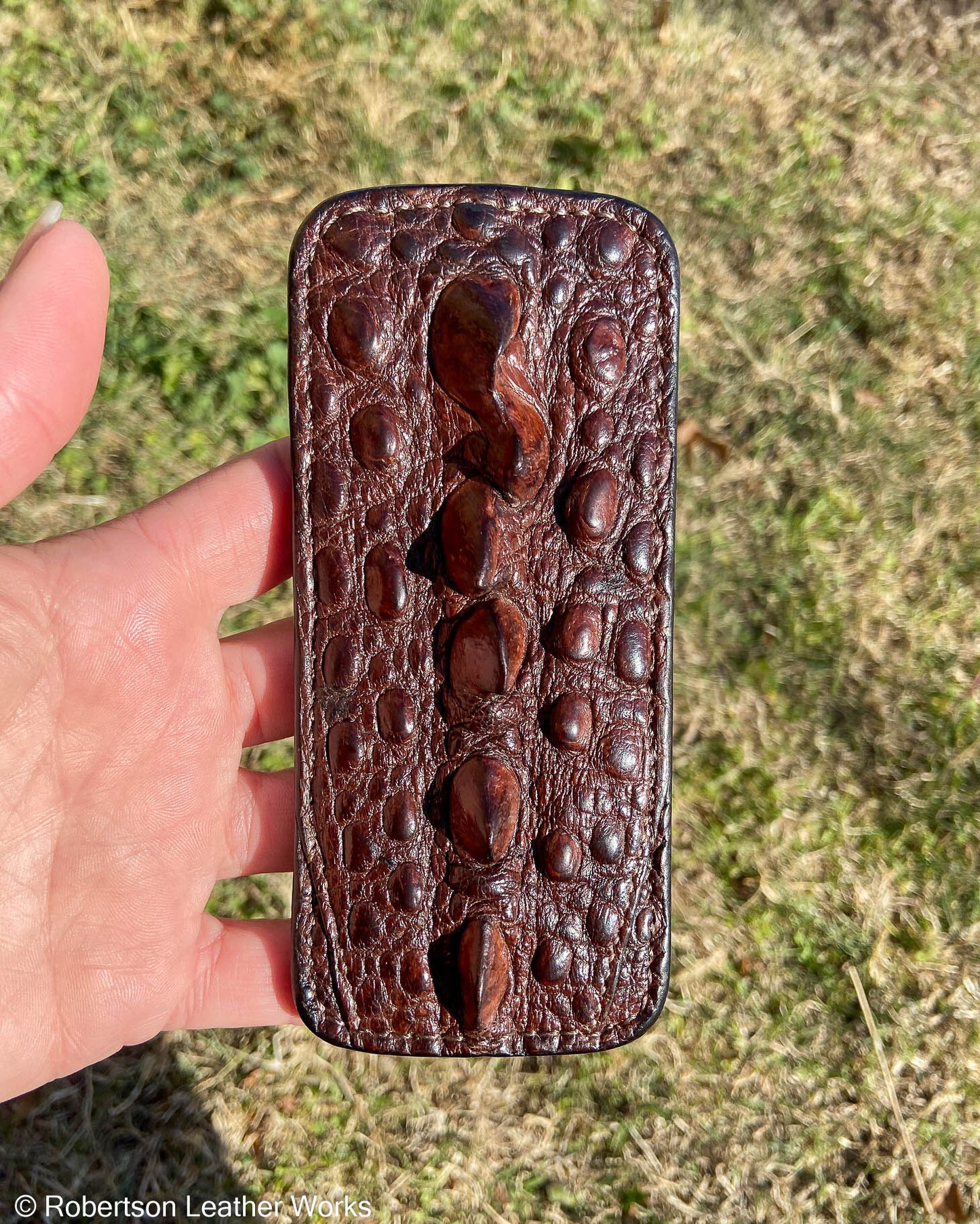 Large Double Brown Snapping Turtle Tail Leather Knife Slip, Brown Stitching