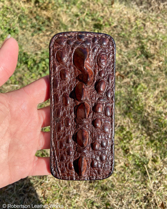 Large Double Brown Snapping Turtle Tail Leather Knife Slip, Brown Stitching