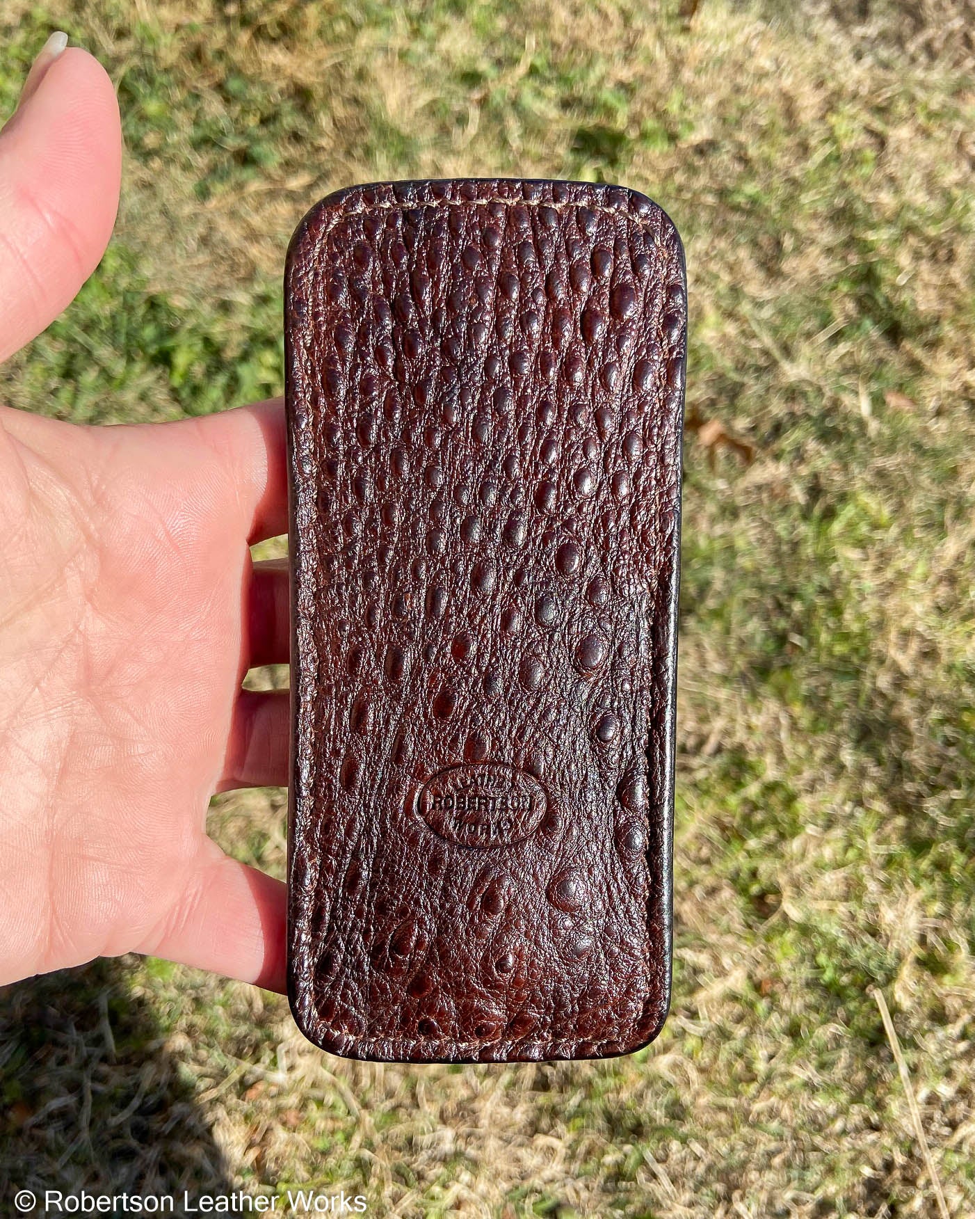 Large Double Brown Snapping Turtle Tail Leather Knife Slip, Brown Stitching