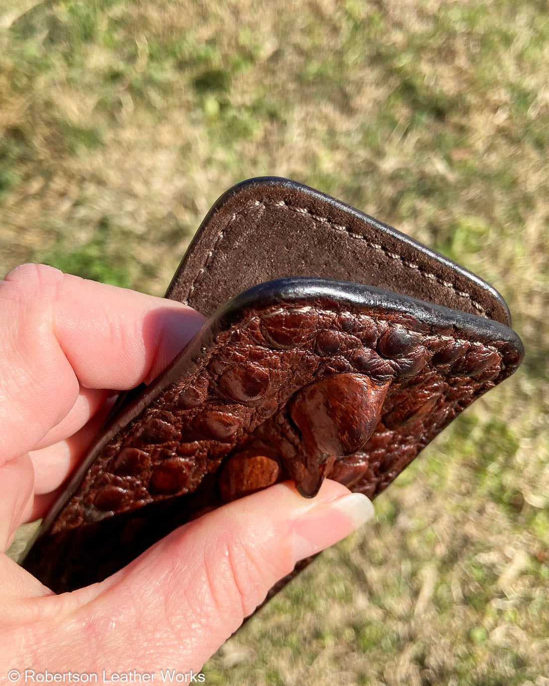 Large Double Brown Snapping Turtle Tail Leather Knife Slip, Brown Stitching