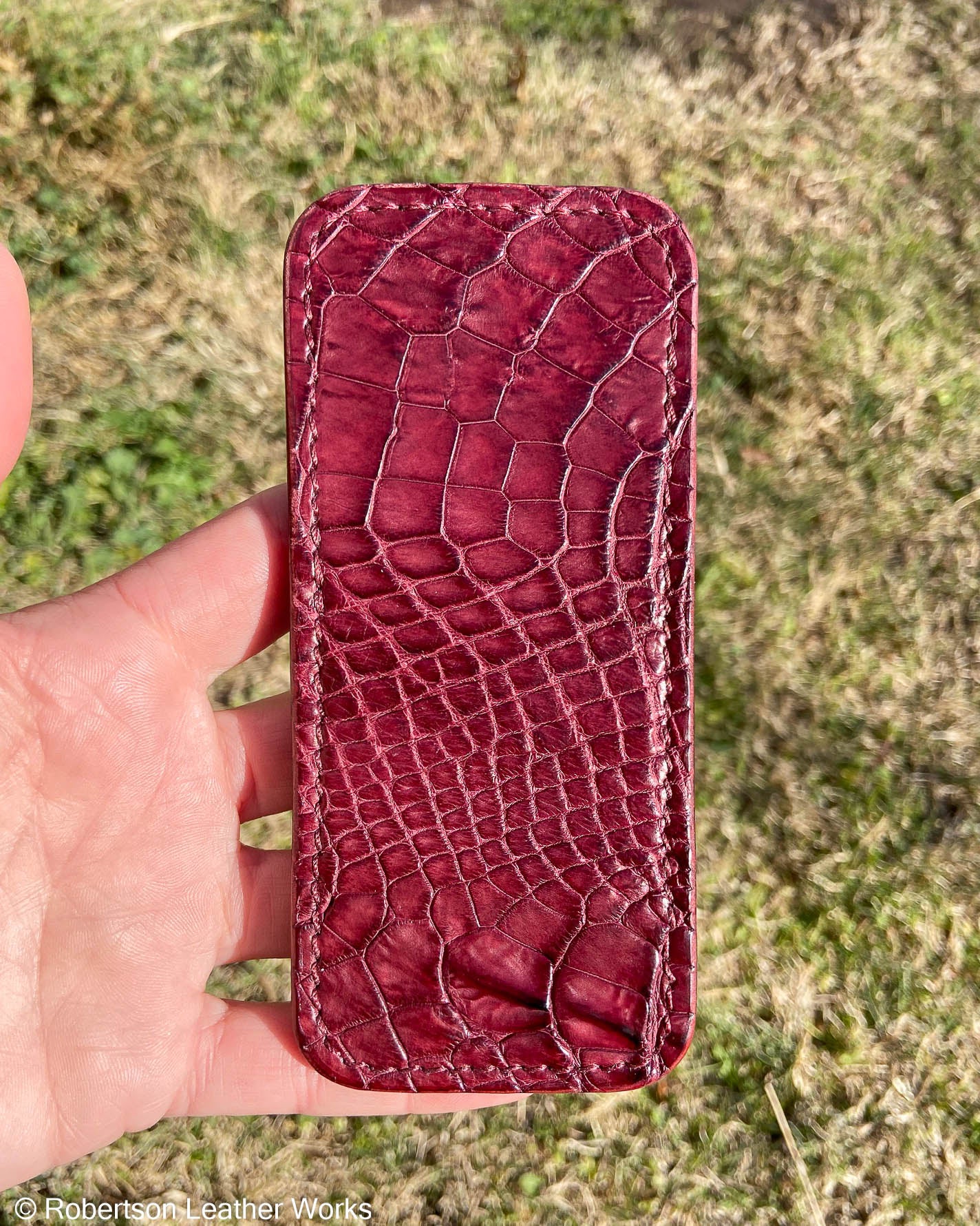 Large Maroon Alligator Leather Knife Slip, Burgundy Stitching