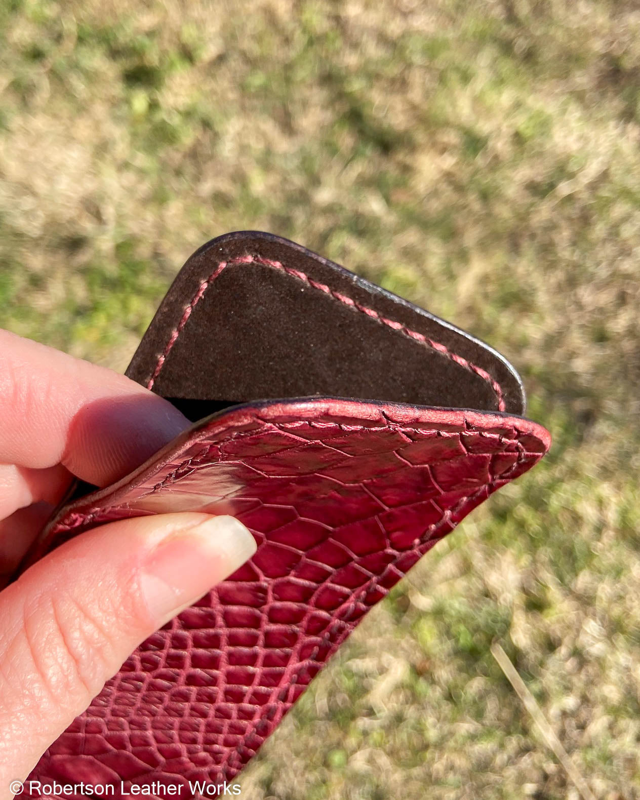 Large Maroon Alligator Leather Knife Slip, Burgundy Stitching