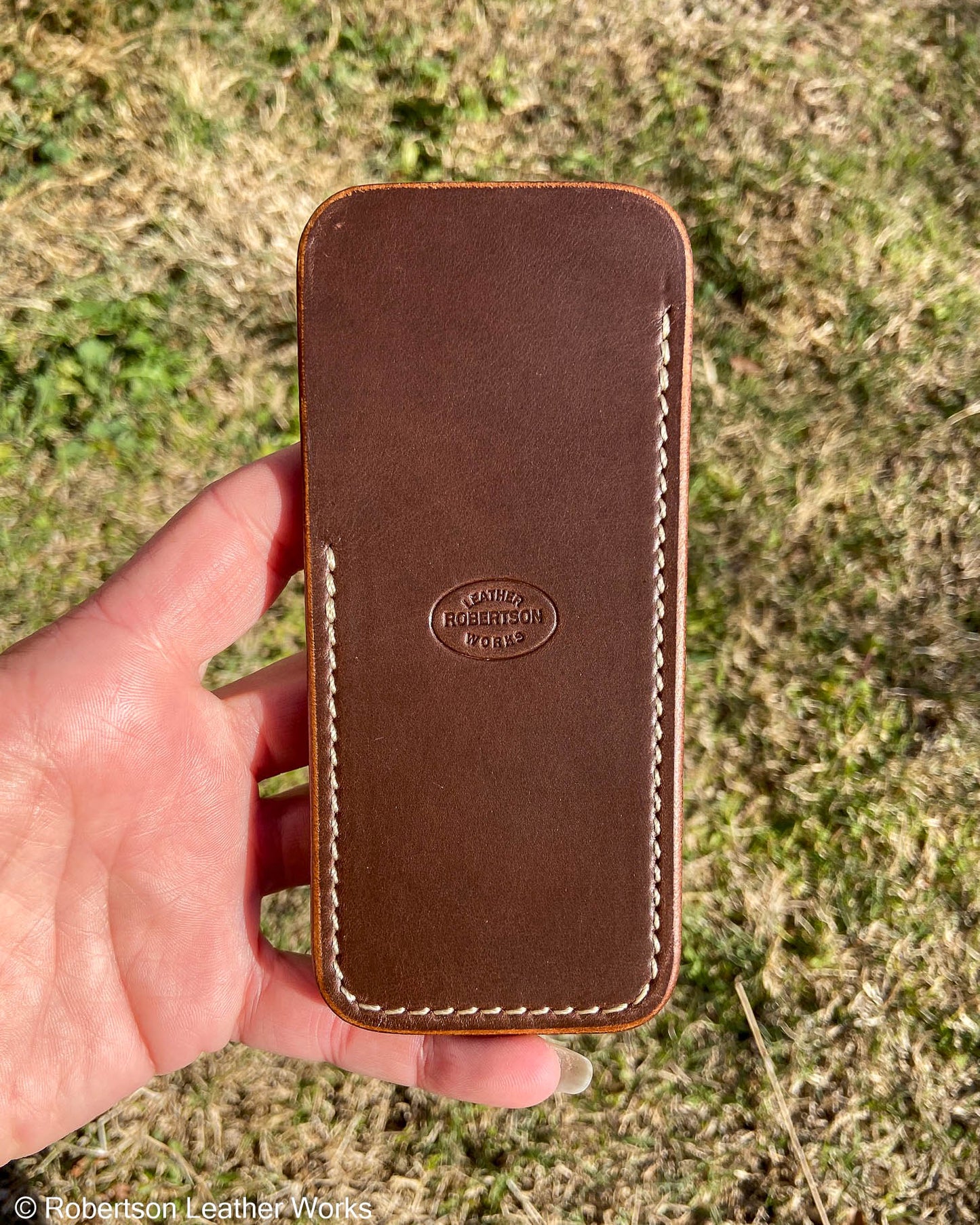 Large Brown Oxford Leather Knife Slip, Cream Stitching