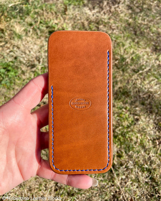 Large Antique Tan Oxford Leather Knife Slip, Blue Stitching