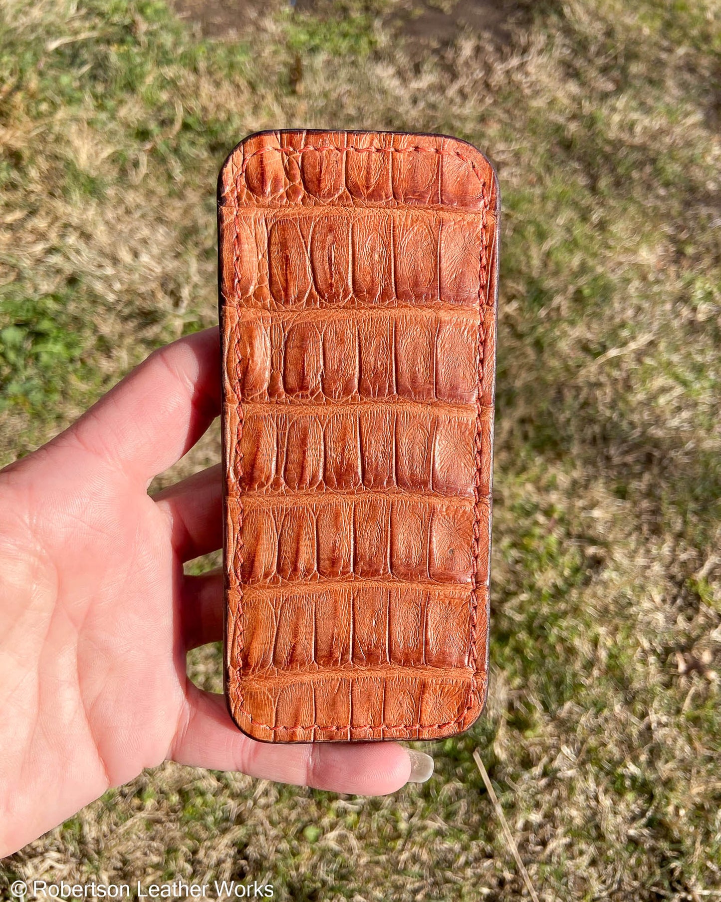 Large Cognac Caiman Leather Knife Slip, Rust Stitching