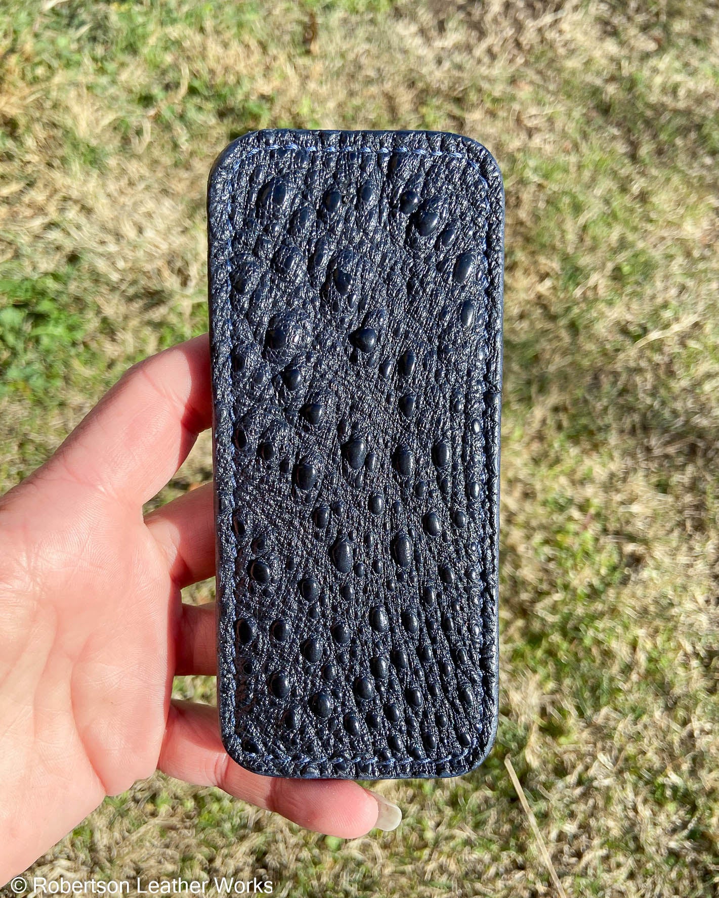 Large Navy Snapping Turtle Leather Knife Slip, Navy Stitching