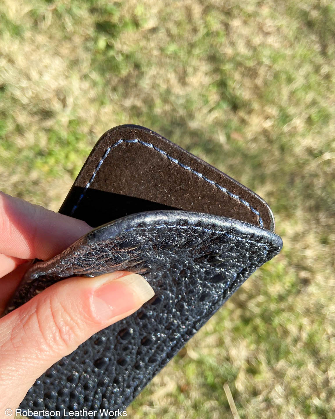 Large Navy Snapping Turtle Leather Knife Slip, Navy Stitching