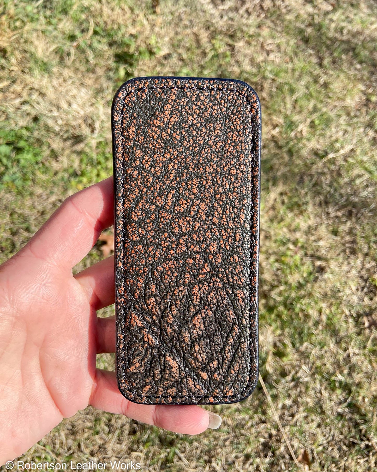 Large Cognac Safari Cape Buffalo Leather Knife Slip, Black Stitching