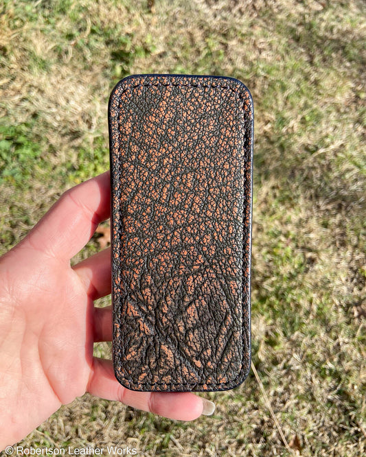 Large Cognac Safari Cape Buffalo Leather Knife Slip, Black Stitching