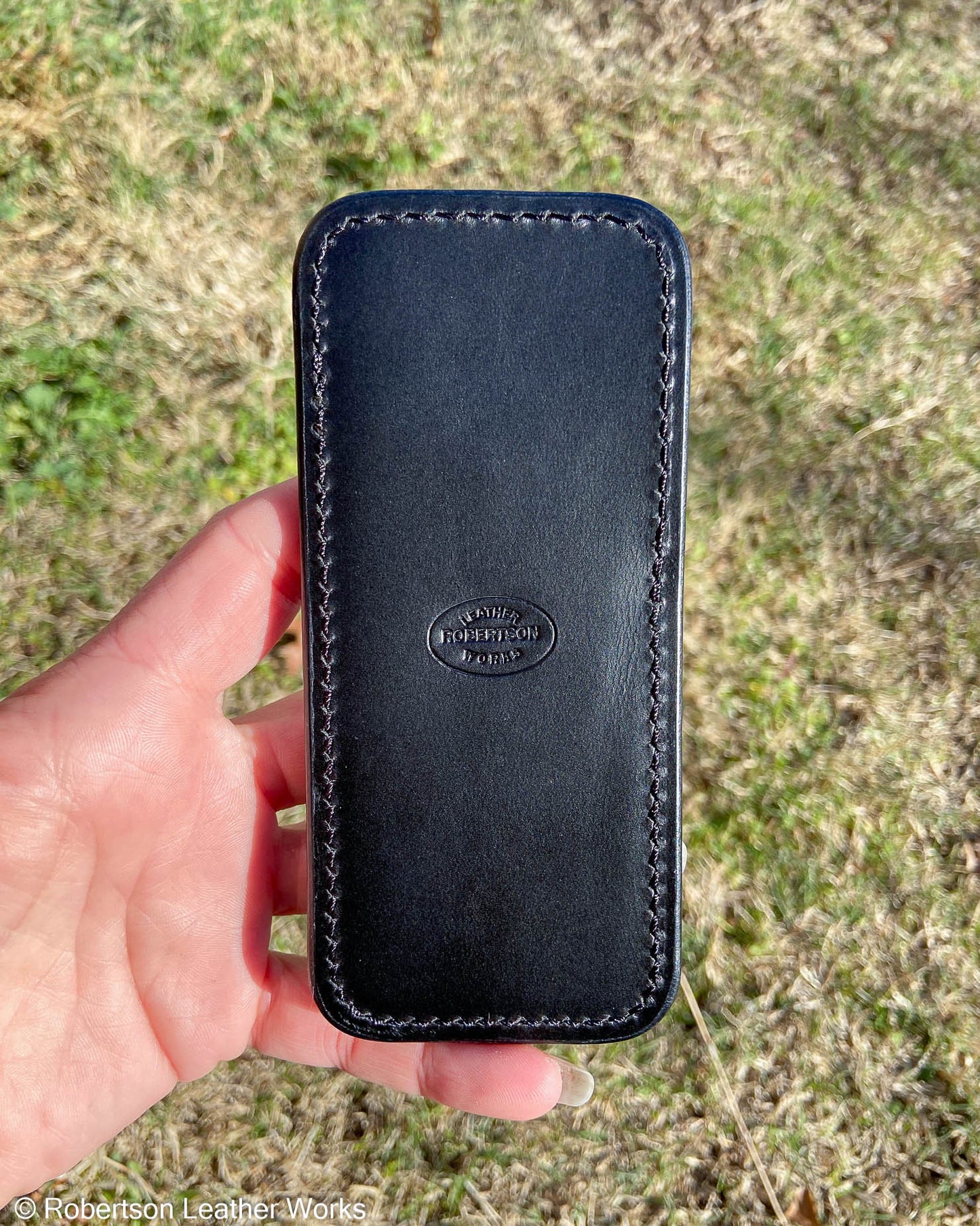 Large Cognac Safari Cape Buffalo Leather Knife Slip, Black Stitching