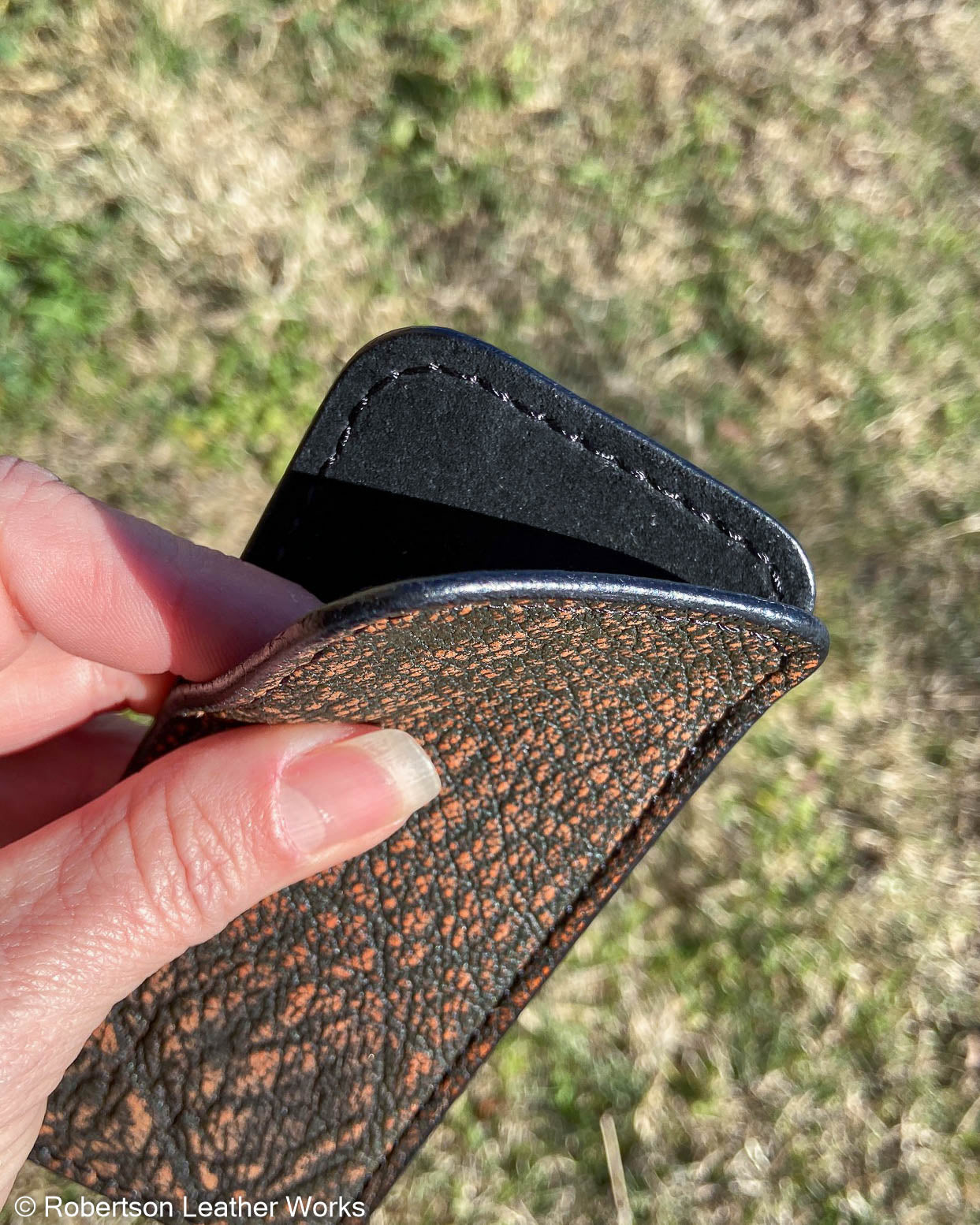 Large Cognac Safari Cape Buffalo Leather Knife Slip, Black Stitching