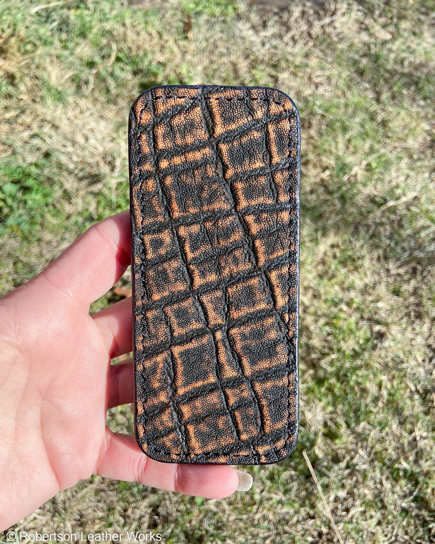 Large Cognac Safari Elephant Leather Knife Slip, Black Stitching