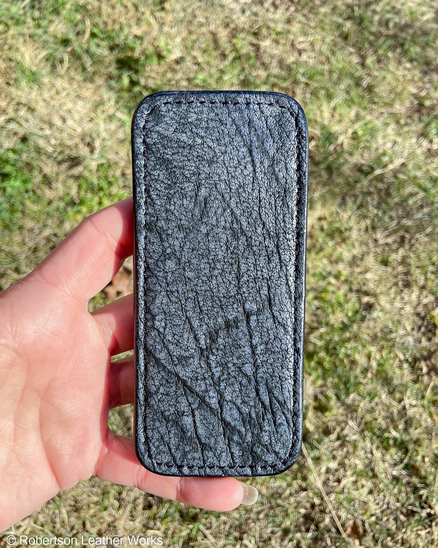 Large Denim Safari Cape Buffalo Leather Knife Slip, Black Stitching