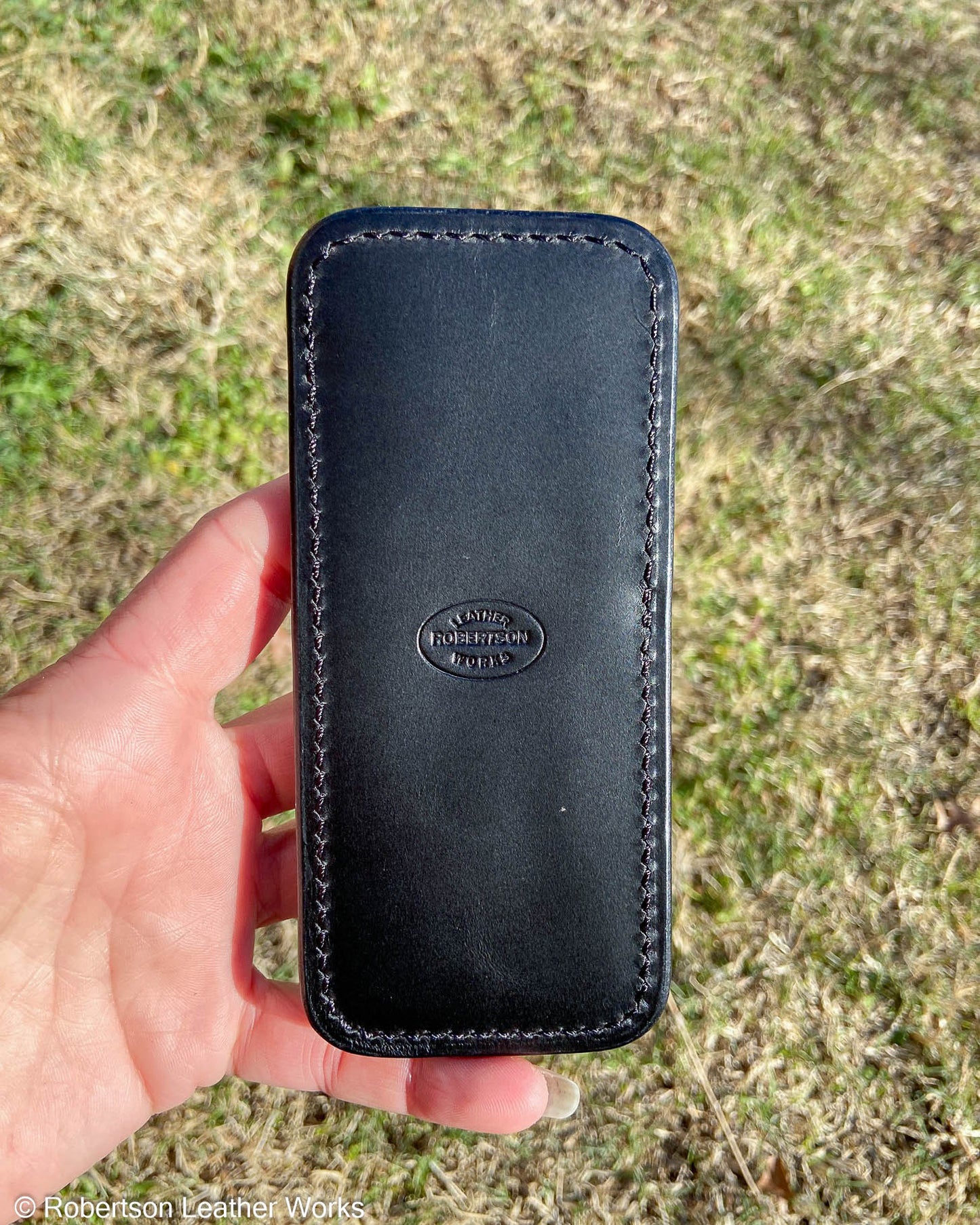 Large Denim Safari Cape Buffalo Leather Knife Slip, Black Stitching