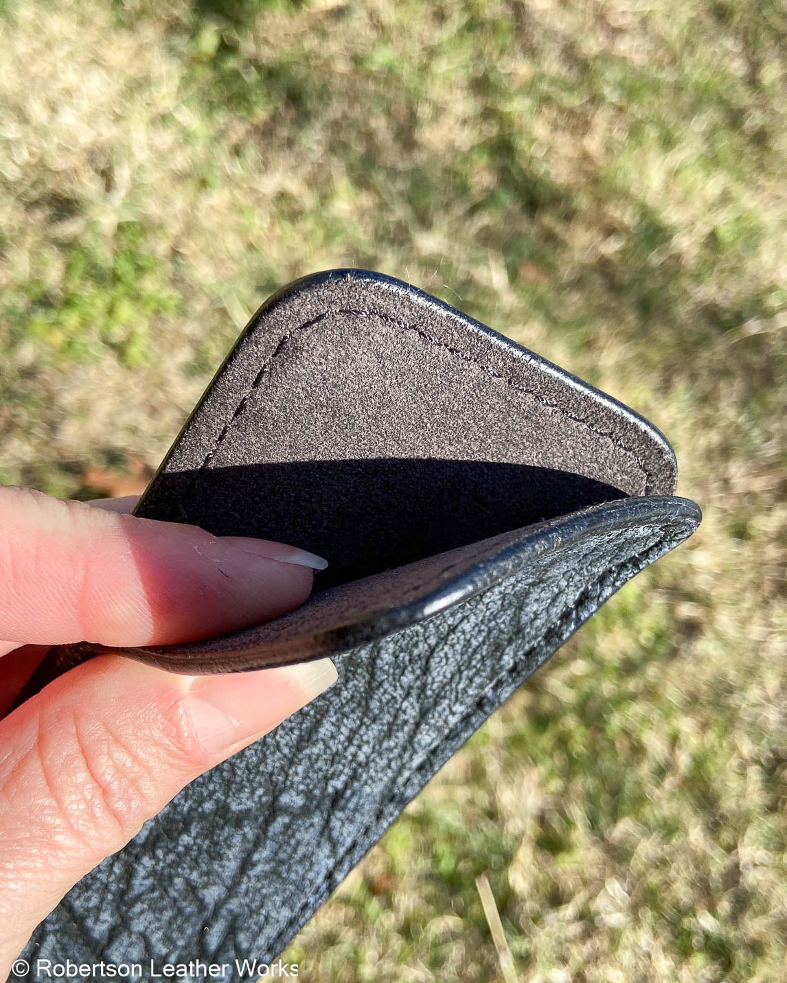 Large Denim Safari Cape Buffalo Leather Knife Slip, Black Stitching