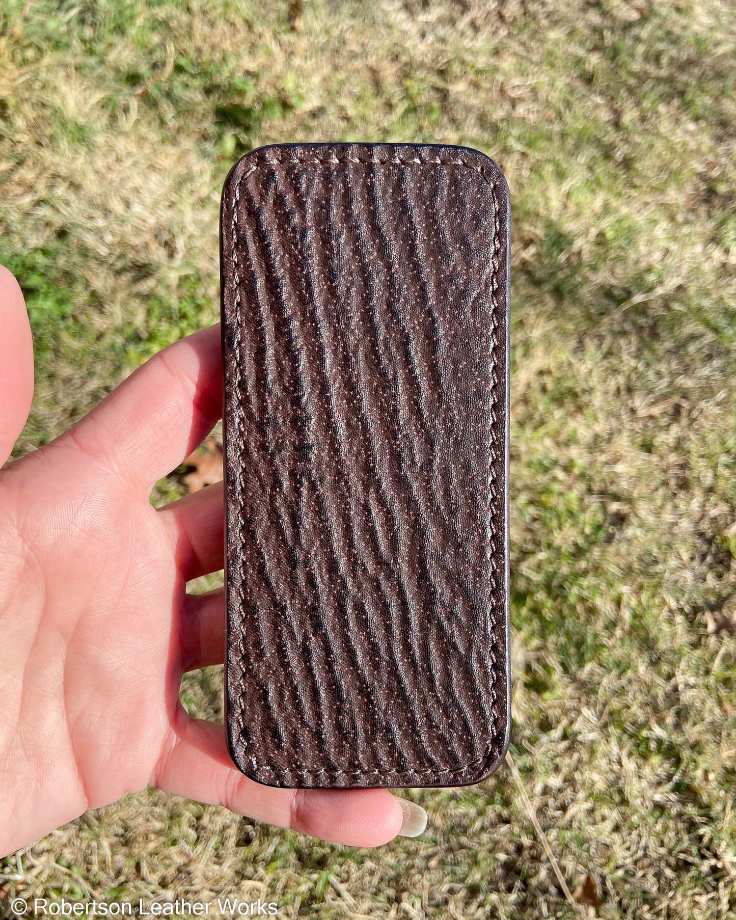 Large Dark Brown Shark Leather Knife Slip, Brown Stitching